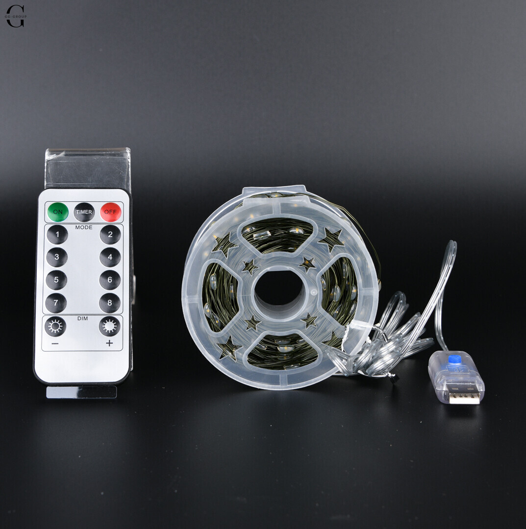 Гирлянда Rossa 50м 500 LED теплый желтый + RGB, пульт, USB, медный зеленый провод